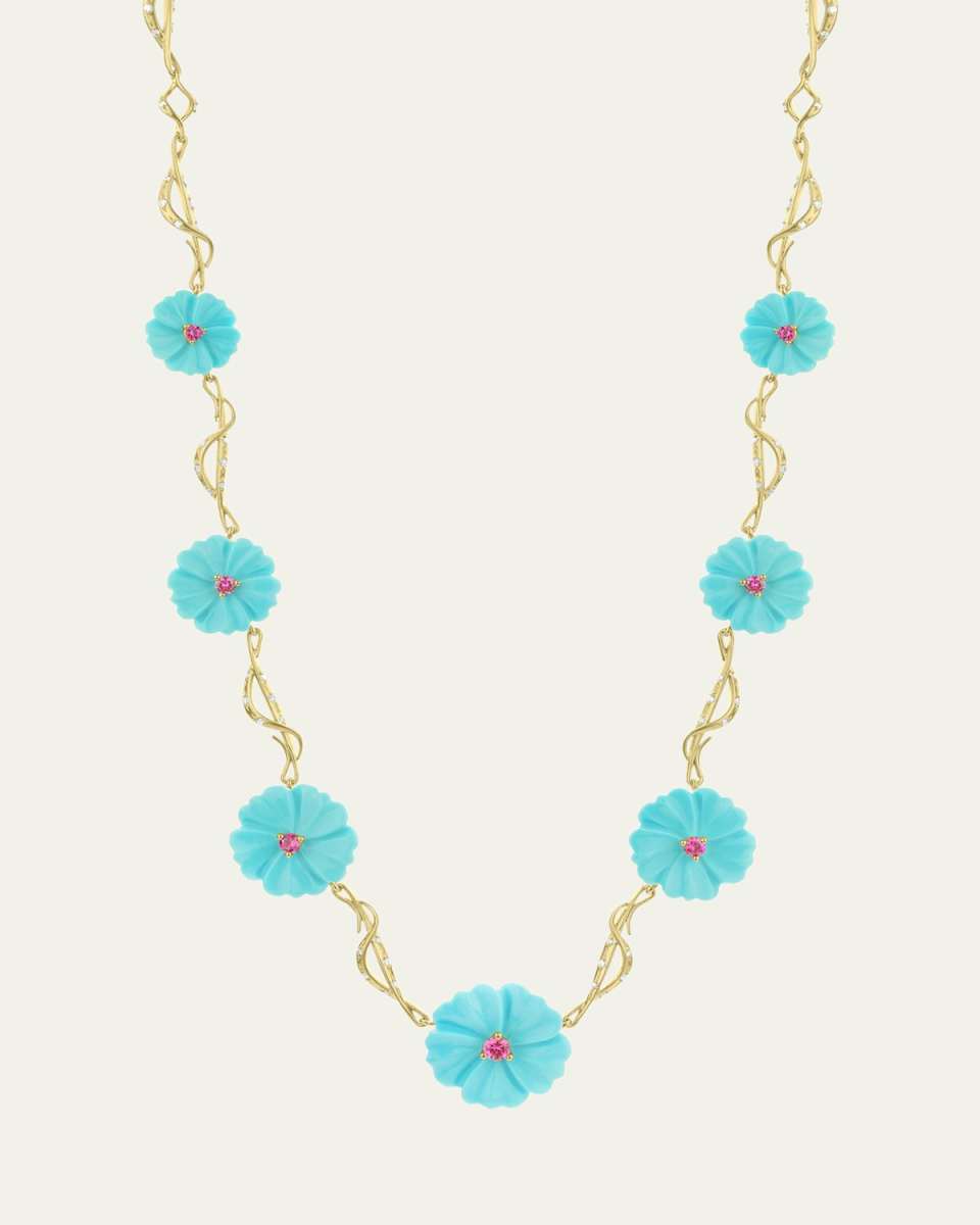 18K Carved Turquoise Flower Link Necklace with Diamonds and Rubies